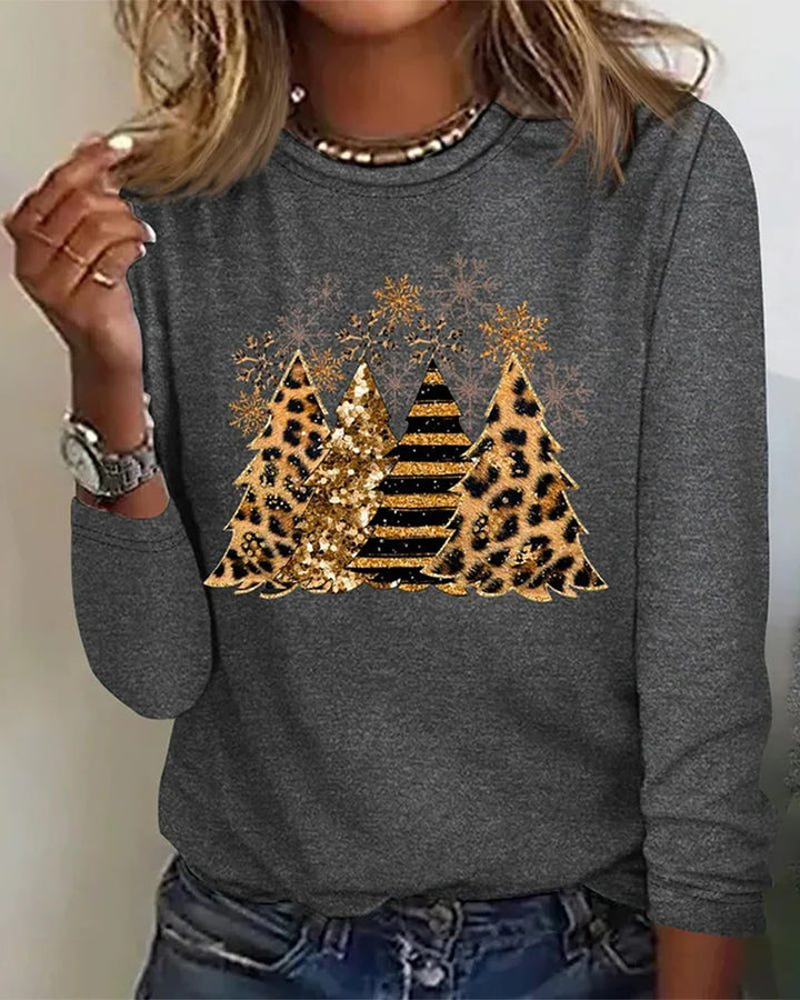 Relaxte Dames Sweater met Kerstboomprint en Ronde Hals