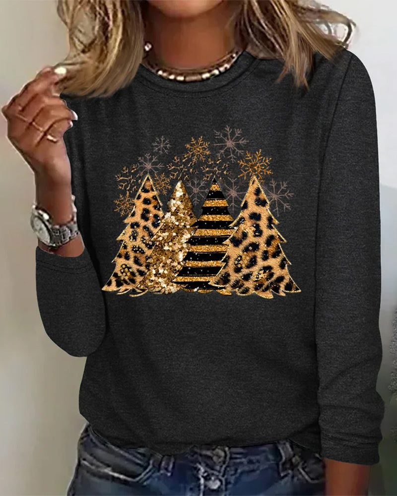 Relaxte Dames Sweater met Kerstboomprint en Ronde Hals