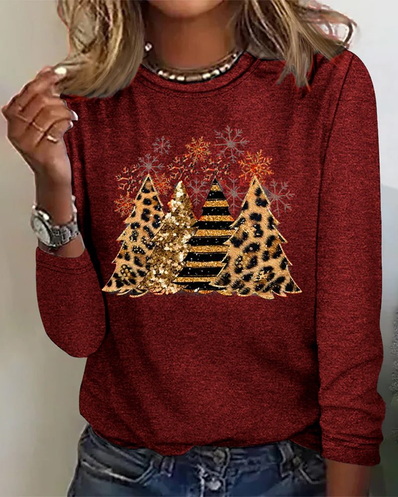 Relaxte Dames Sweater met Kerstboomprint en Ronde Hals