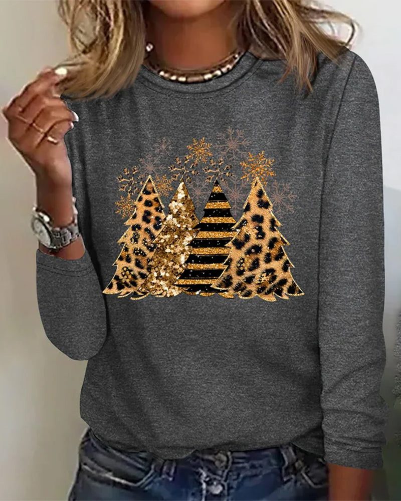 Relaxte Dames Sweater met Kerstboomprint en Ronde Hals