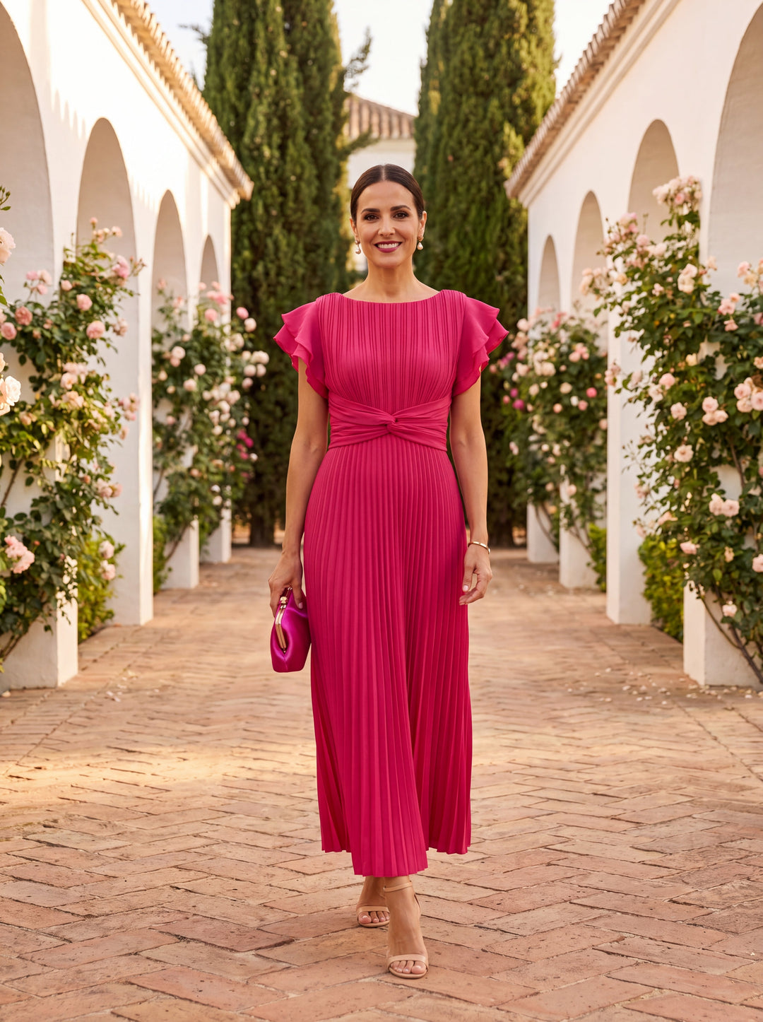 Geplooide Dames Maxi Jurk met Knoopceintuur en Volantmouwen