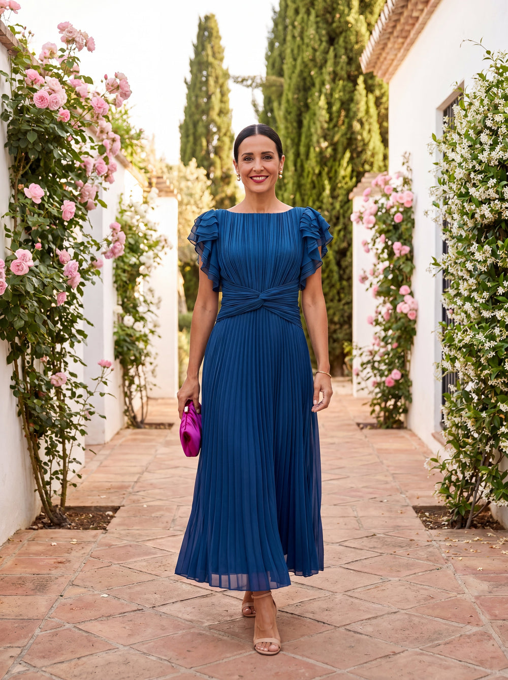Geplooide Dames Maxi Jurk met Knoopceintuur en Volantmouwen