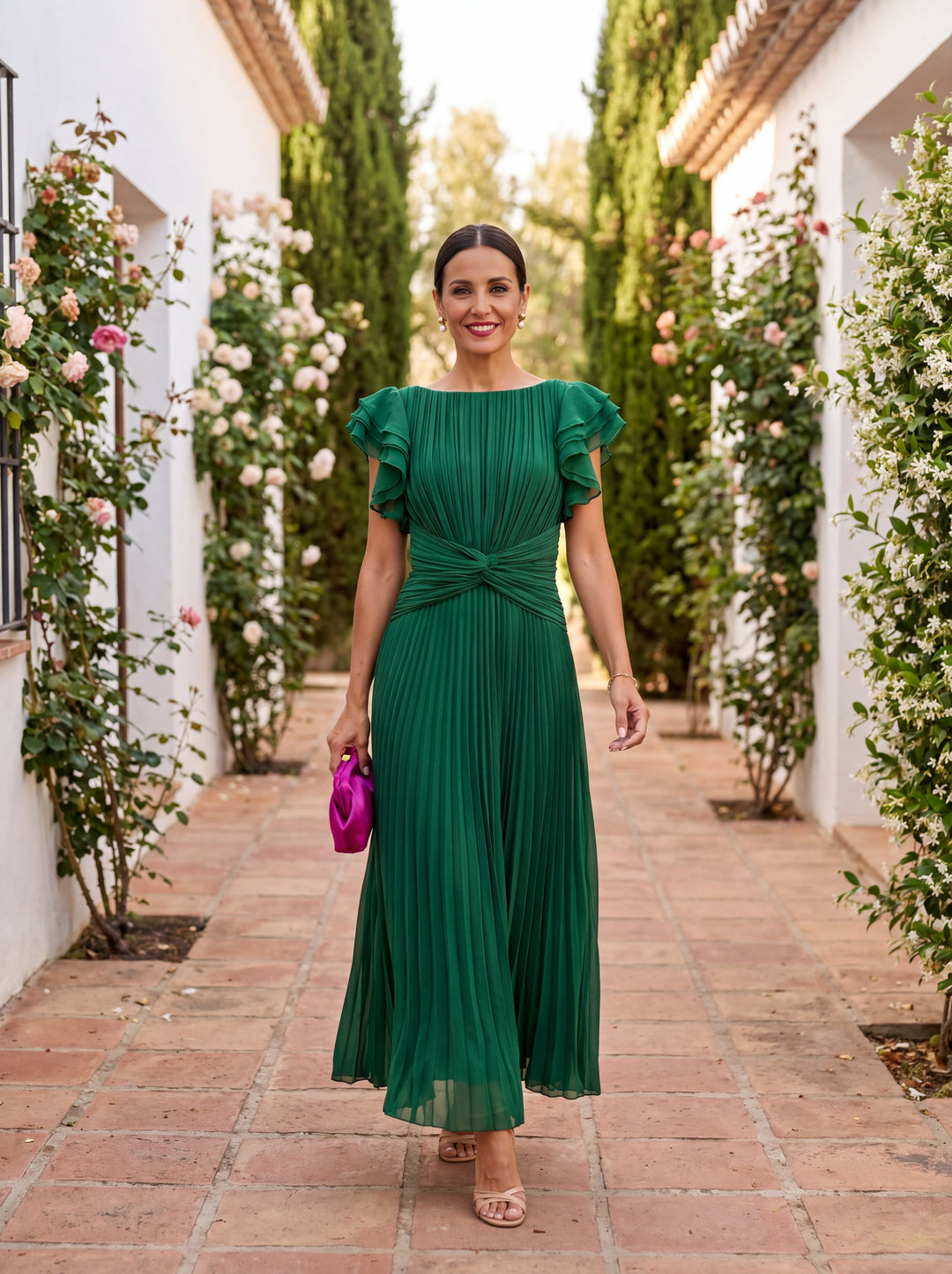 Geplooide Dames Maxi Jurk met Knoopceintuur en Volantmouwen