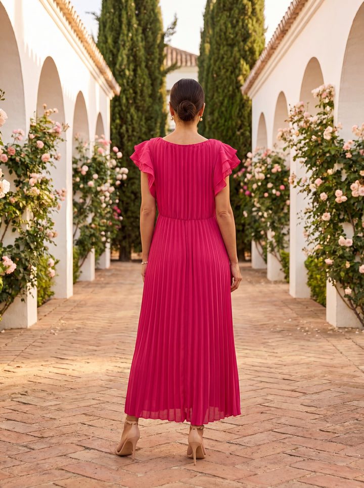 Geplooide Dames Maxi Jurk met Knoopceintuur en Volantmouwen