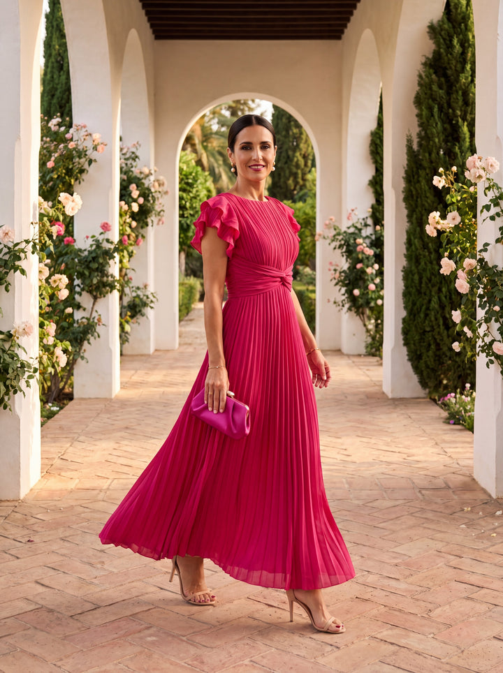 Geplooide Dames Maxi Jurk met Knoopceintuur en Volantmouwen