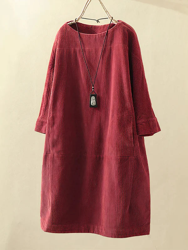 Luchtige Corduroy Midi Jurk Met Losse Pasvorm voor Dames