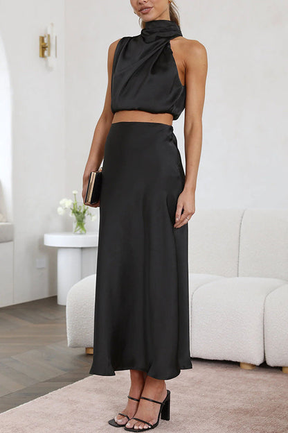 Terri | Satijnen Set met Hoge Hals en Maxi Rok