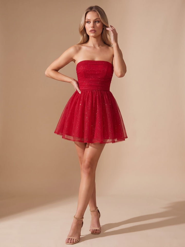Glinsterende Tule Dames Mini Jurk met Bustier Top en Striksluiting
