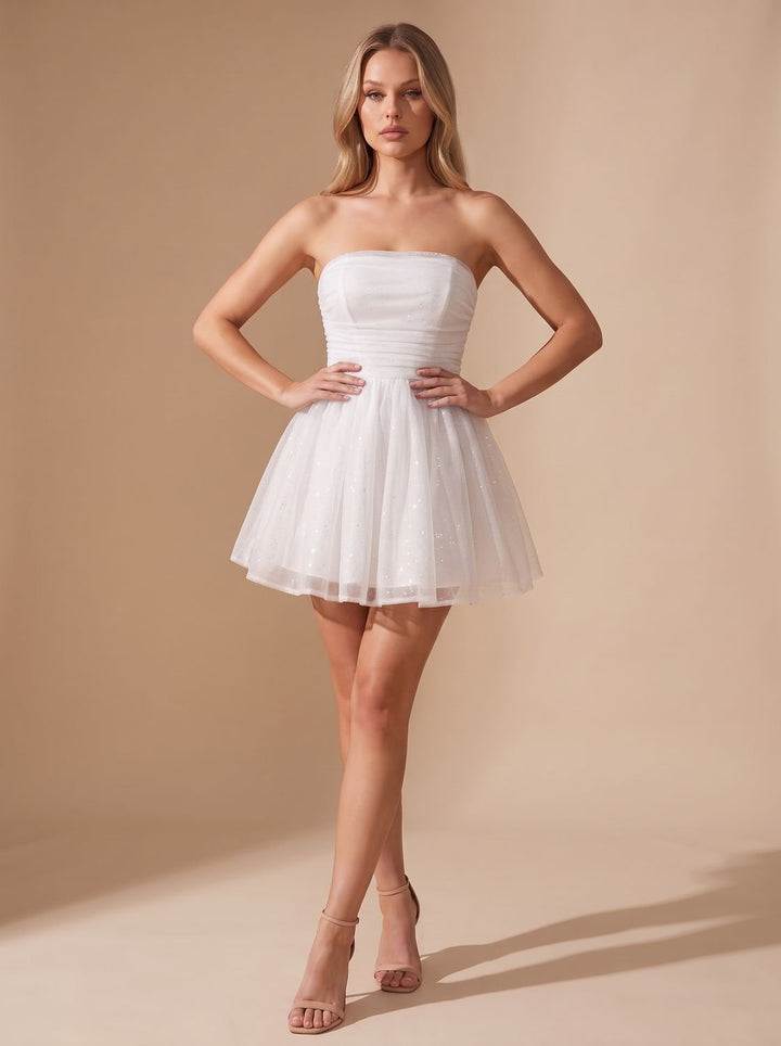 Glinsterende Tule Dames Mini Jurk met Bustier Top en Striksluiting