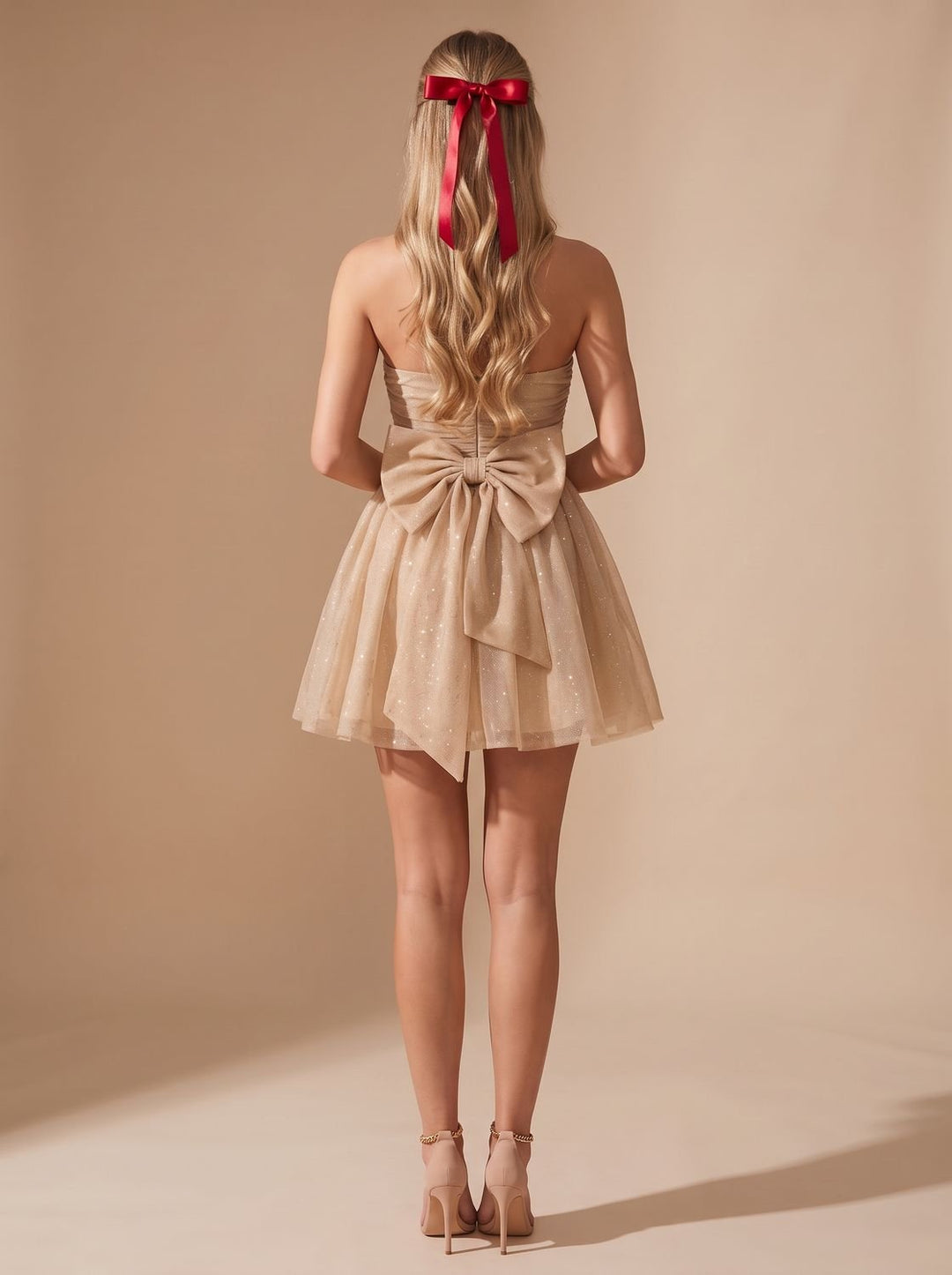 Glinsterende Tule Dames Mini Jurk met Bustier Top en Striksluiting