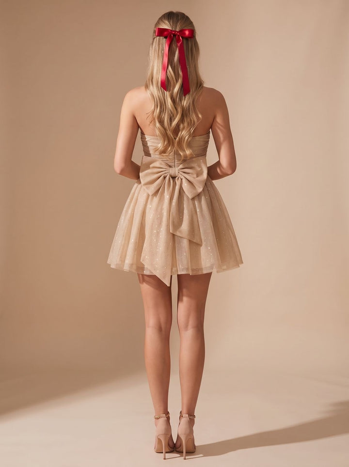 Glinsterende Tule Dames Mini Jurk met Bustier Top en Striksluiting