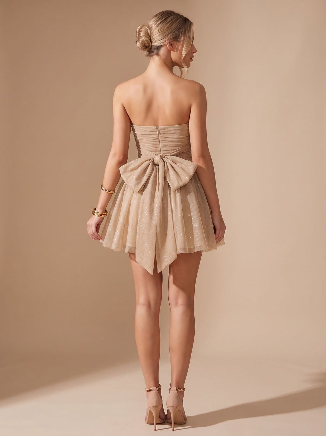 Glinsterende Tule Dames Mini Jurk met Bustier Top en Striksluiting