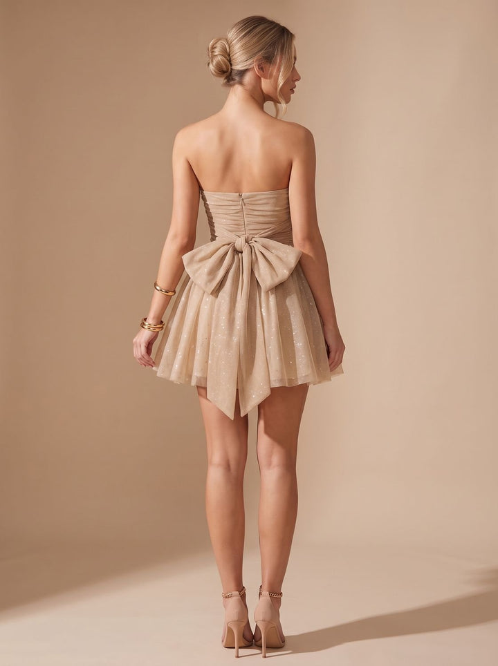 Glinsterende Tule Dames Mini Jurk met Bustier Top en Striksluiting