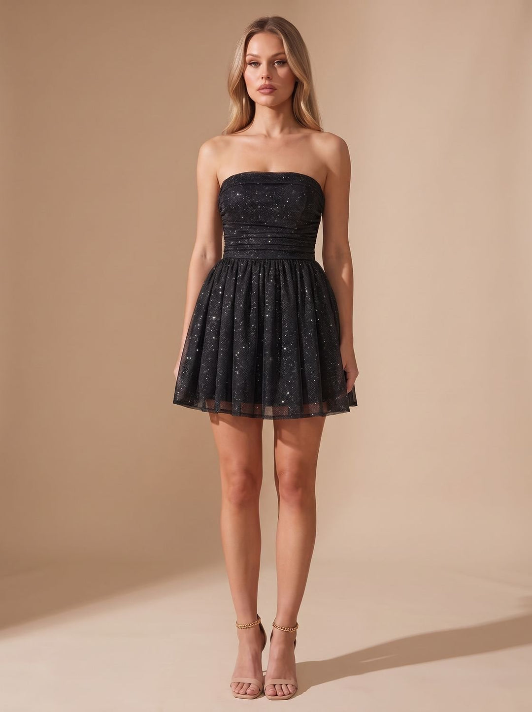 Glinsterende Tule Dames Mini Jurk met Bustier Top en Striksluiting