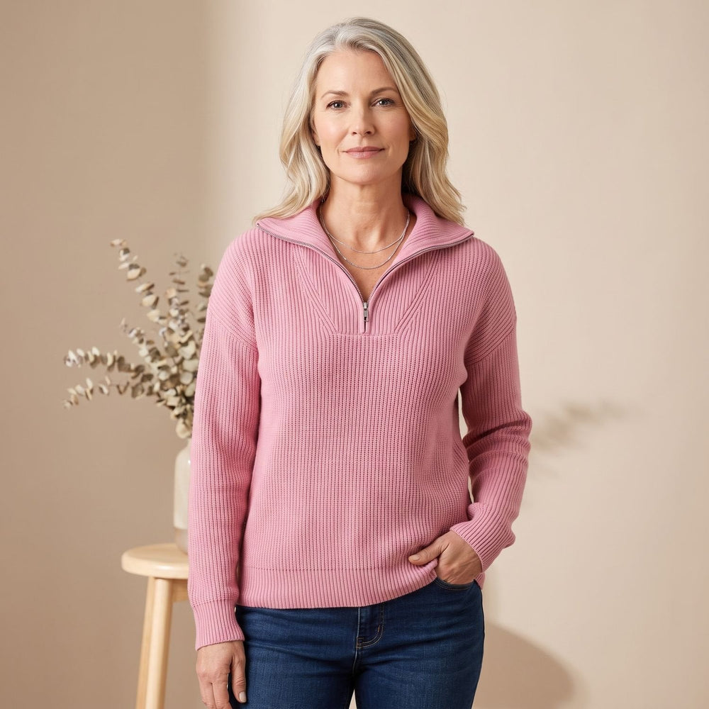 Geribde Dames Pullover met Halve Rits en Opstaande Kraag