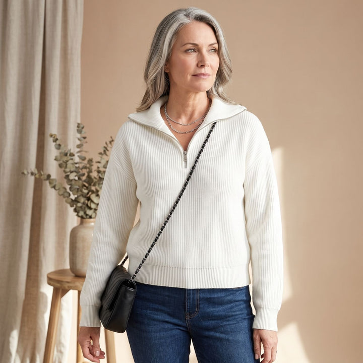Geribde Dames Pullover met Halve Rits en Opstaande Kraag