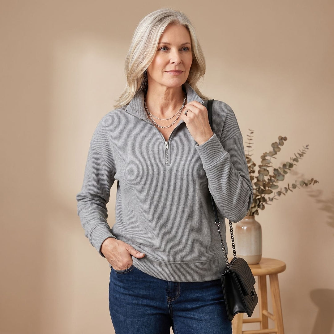 Geribde Dames Pullover met Halve Rits en Opstaande Kraag