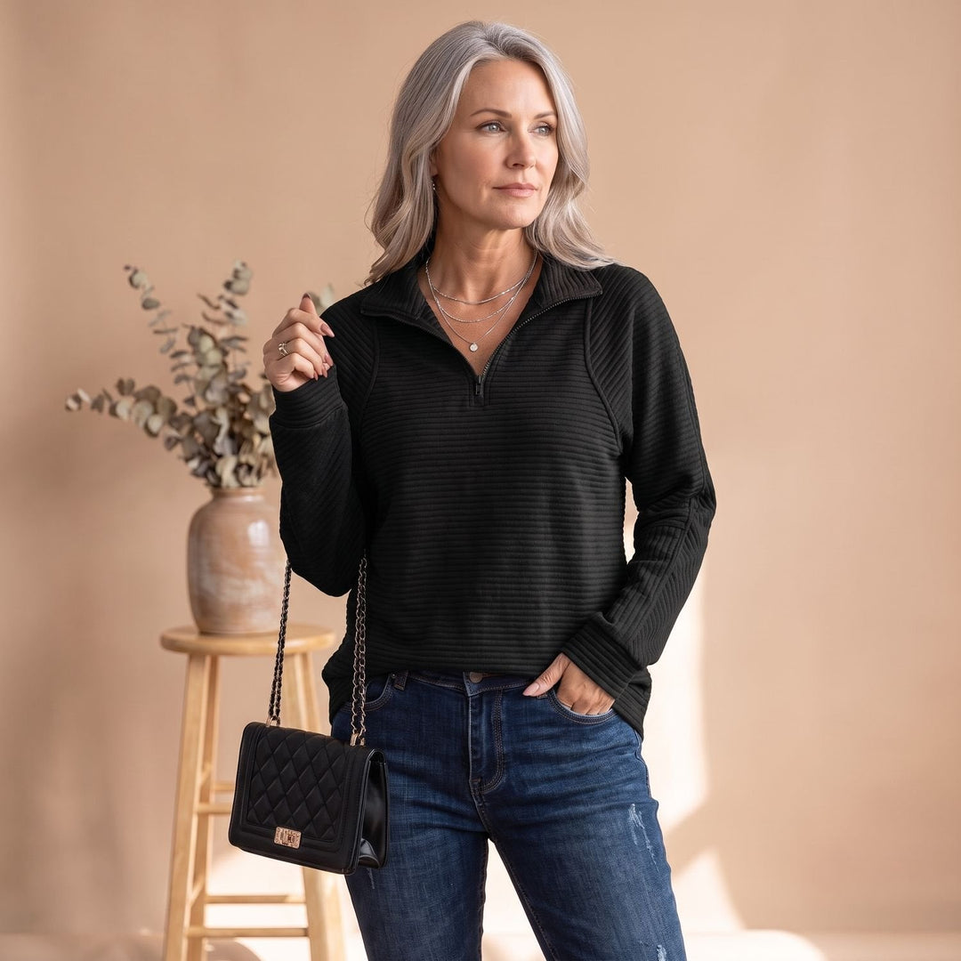 Geribde Dames Pullover met Halve Rits en Opstaande Kraag