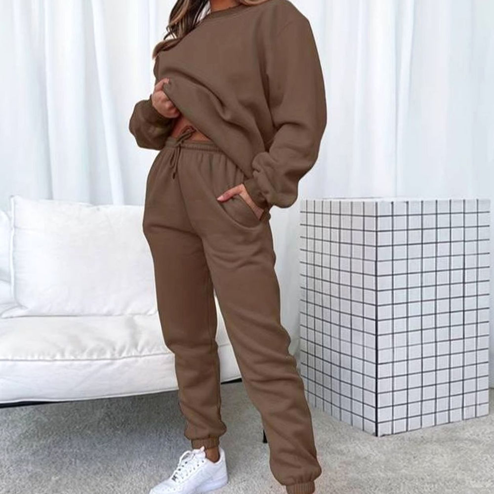 Women's Relaxed Crewneck Matching Sweatshirt Jogger Set - Brown