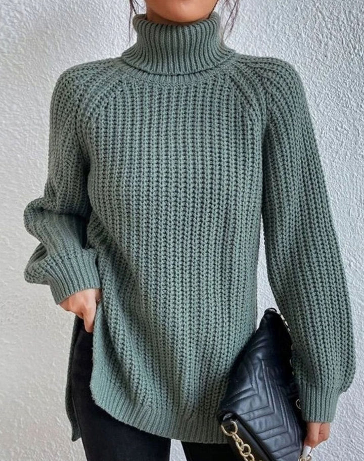 Women's Ribbed Turtleneck Sweater Long-Sleeve Chunky Knit Pullover - Green