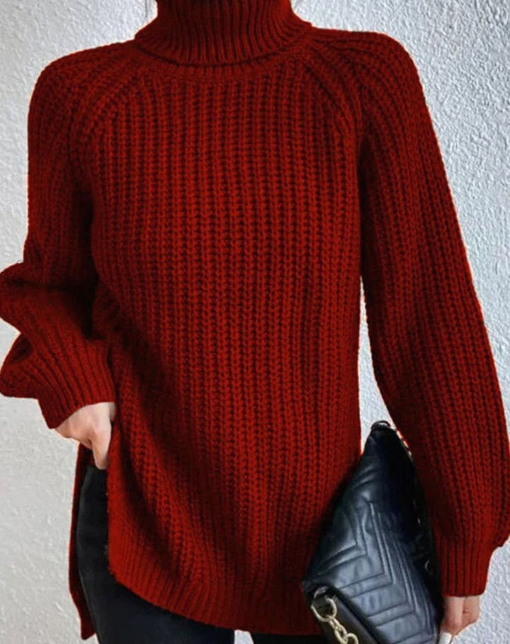 Women's Ribbed Turtleneck Sweater Long-Sleeve Chunky Knit Pullover - Burgundy