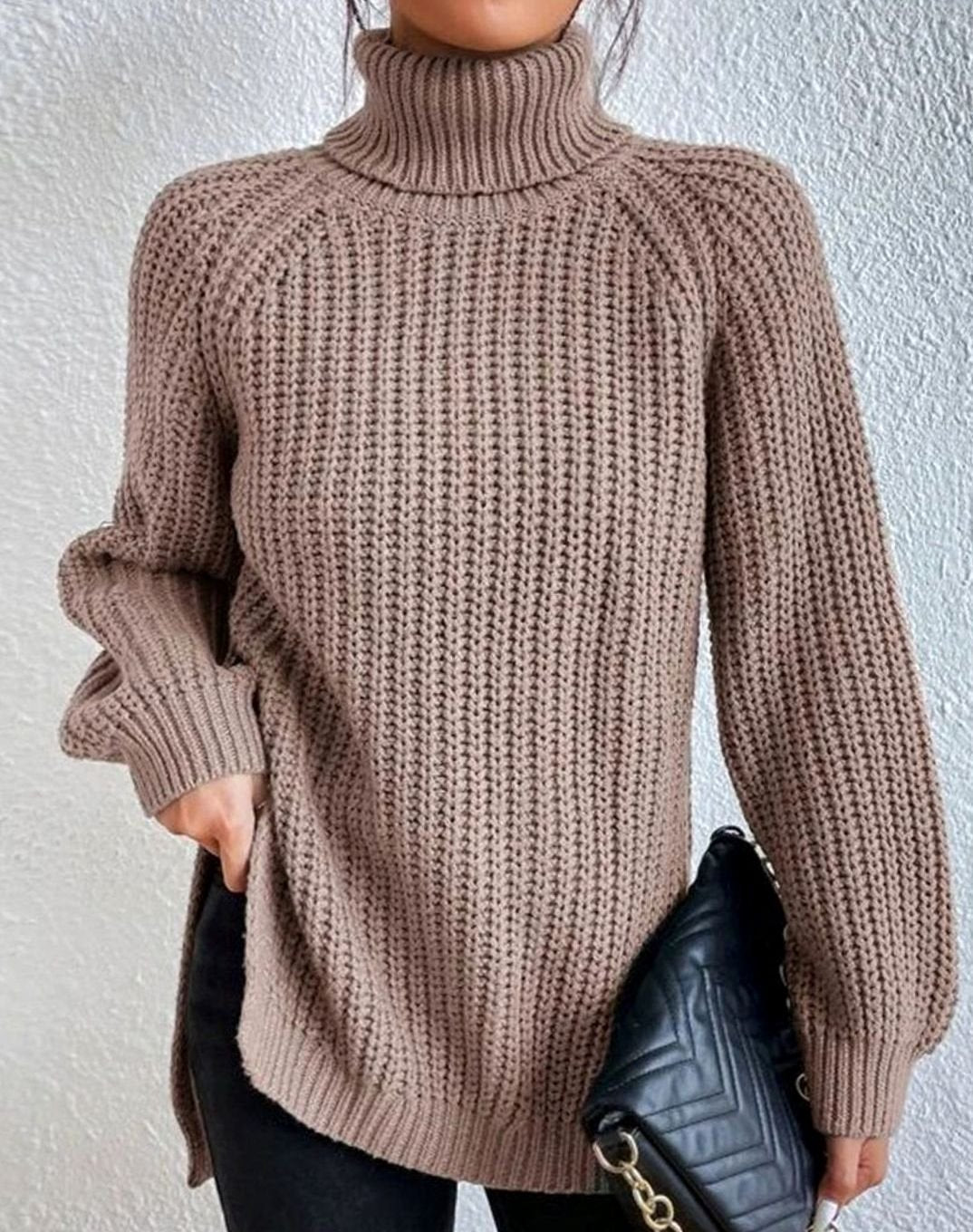 Women's Ribbed Turtleneck Sweater Long-Sleeve Chunky Knit Pullover - Khaki