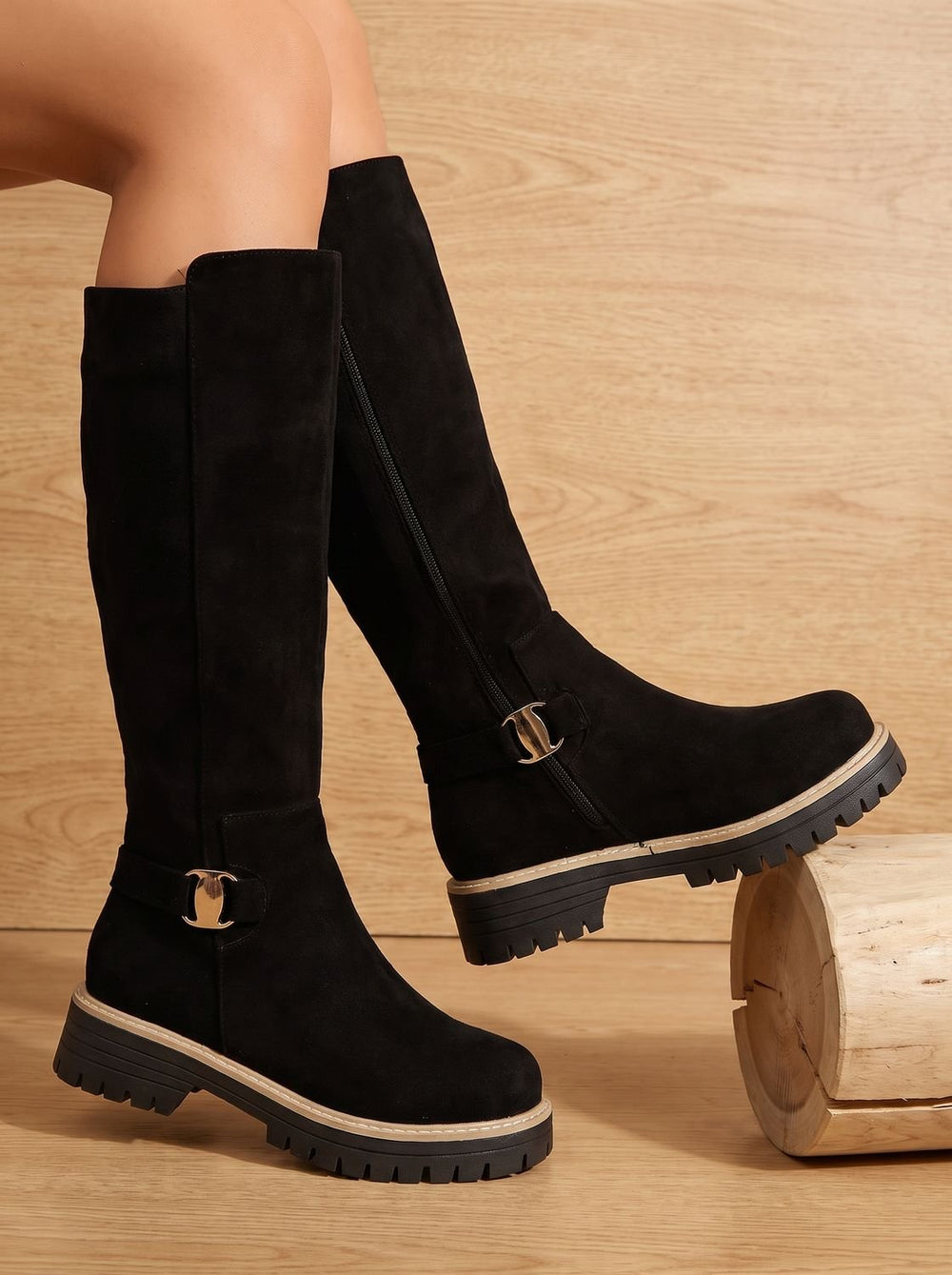 Women's Suede-Look Low Block Heel Knee High Boots