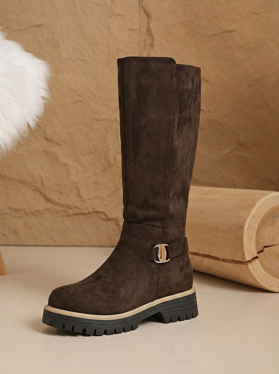 Women's Suede-Look Low Block Heel Knee High Boots