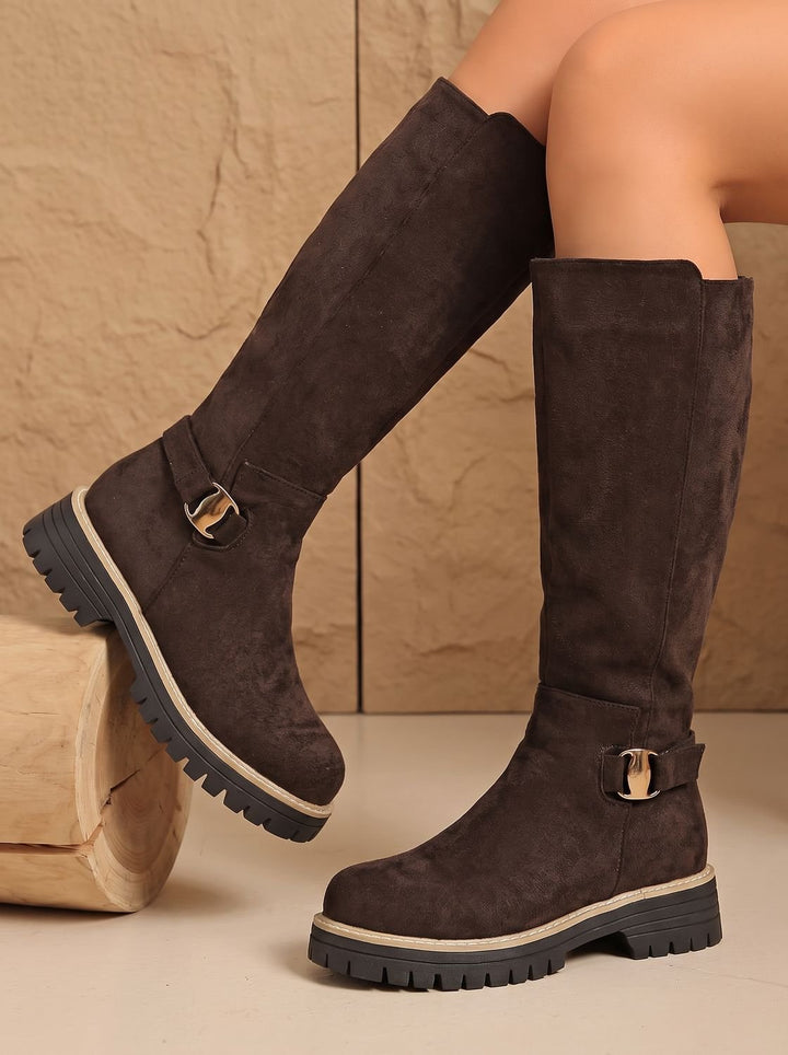Women's Suede-Look Low Block Heel Knee High Boots