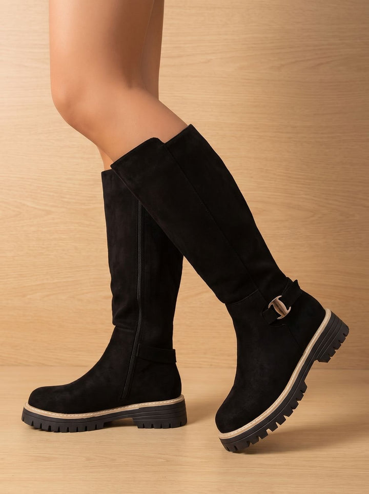 Women's Suede-Look Low Block Heel Knee High Boots - Black