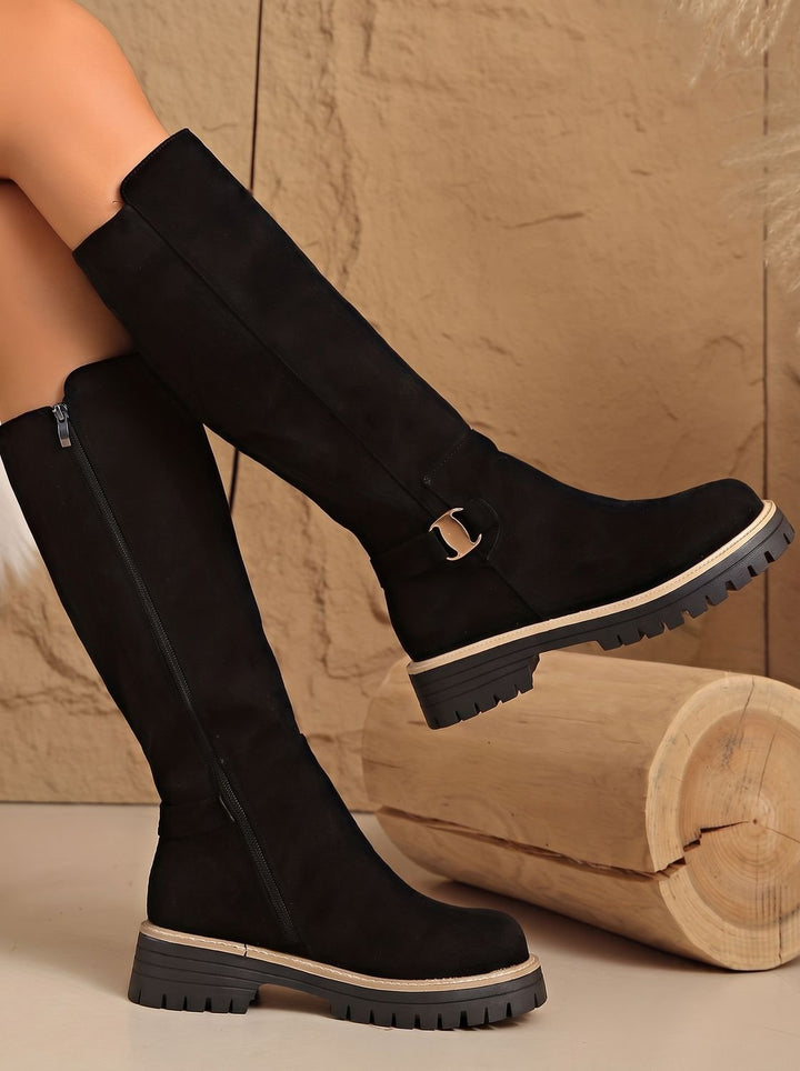Women's Suede-Look Low Block Heel Knee High Boots