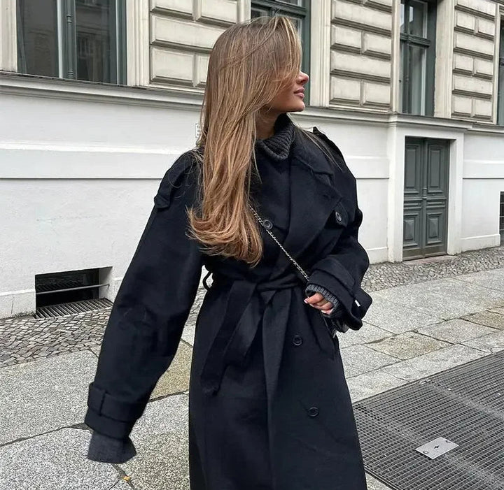 Dames Wollen Trenchcoat Dubbelrijs met Ceintuur en Reverskraag