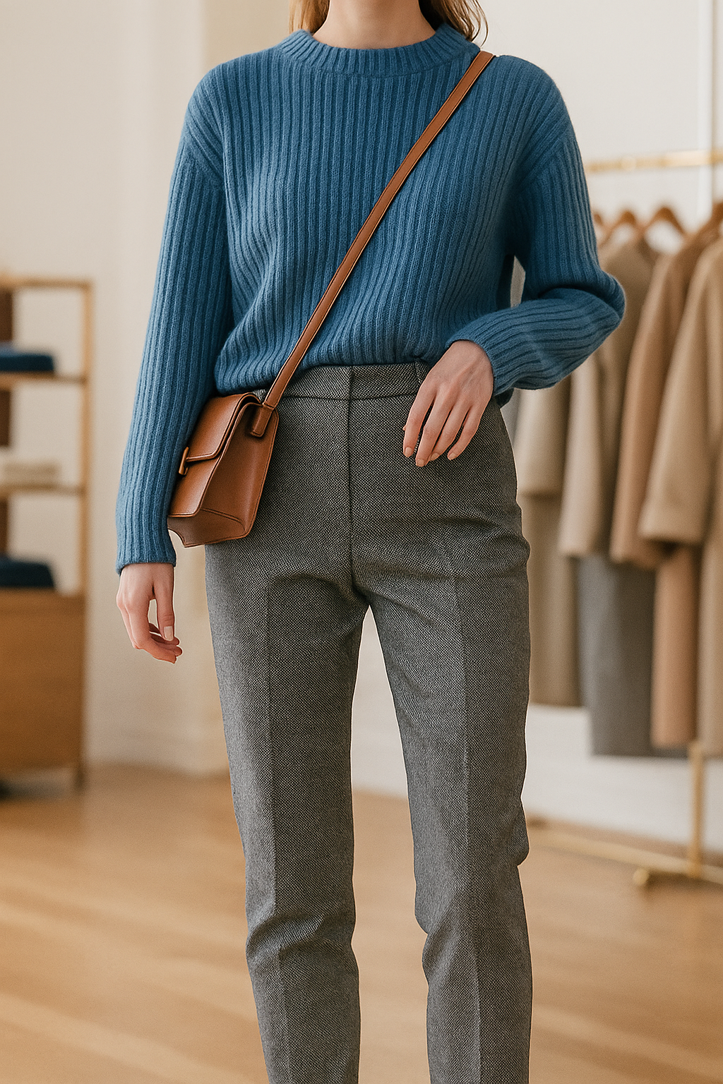 Elegant Wool-Blend Women's Pants with Straight Legs and High Waist