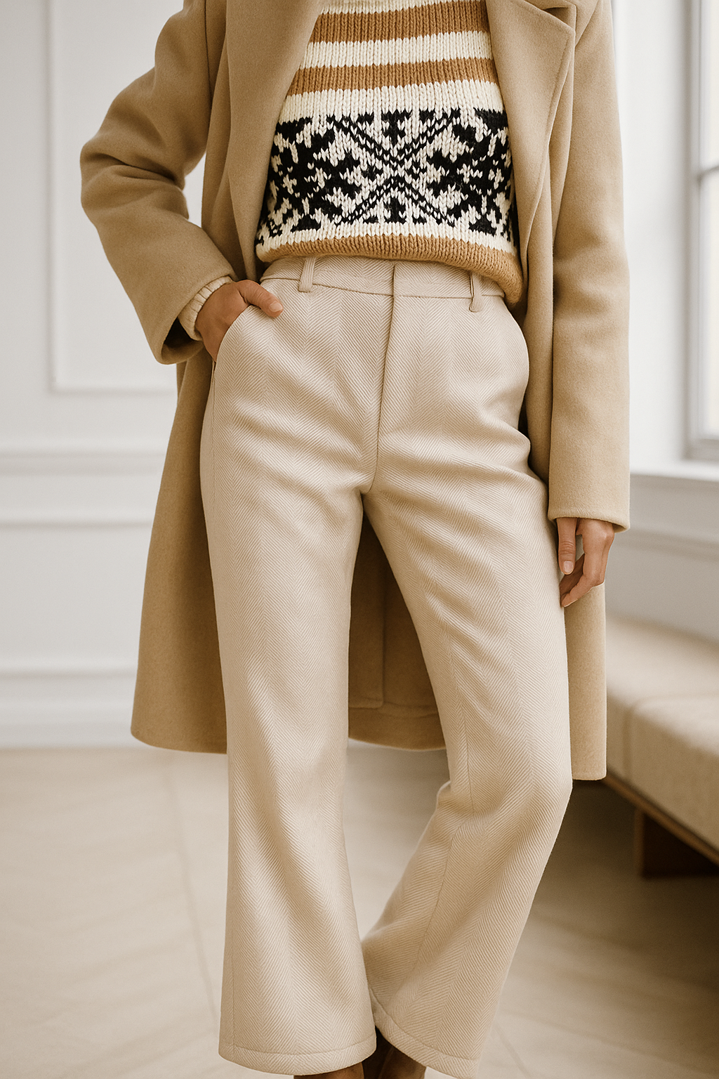 Elegant Wool-Blend Women's Pants with Straight Legs and High Waist