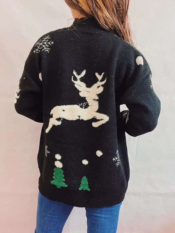 Grofgebreide Dames Kersttrui met Rendierprint en Geribde Boorden