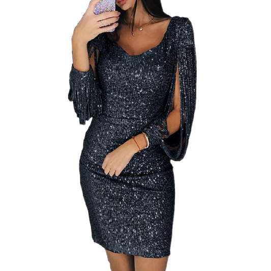Glitterende Dames Cocktailjurk met Lange Mouwen en Mini Bodycon